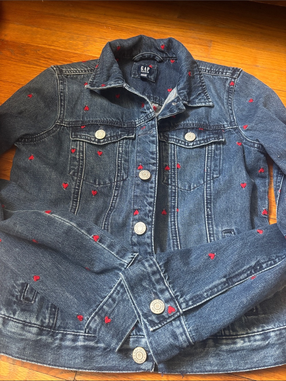 GAP Dark Blue Denim Jacket with Red Heart Accents
